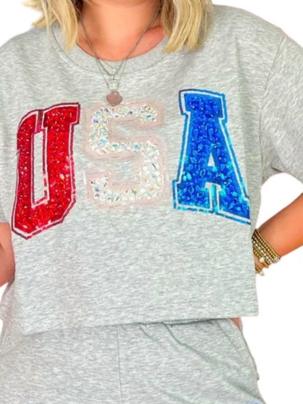 QUEEN OF SPARKLES Gray Crop Tee with Red, White & Blue Sequin USA - Picture 2 of 10